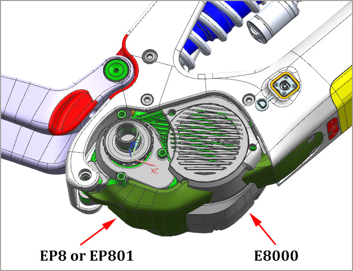 Osłona silnika EP8 vs E8000 na ramie LCES801