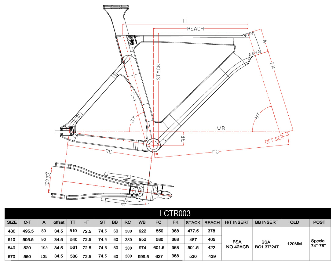 Rama rowerowa z włókna węglowego LCTR003, geometria